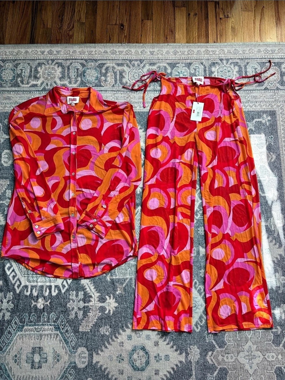 Solid & Striped Abstract Print 2pc Set in Red & Pink Size Small NWT
